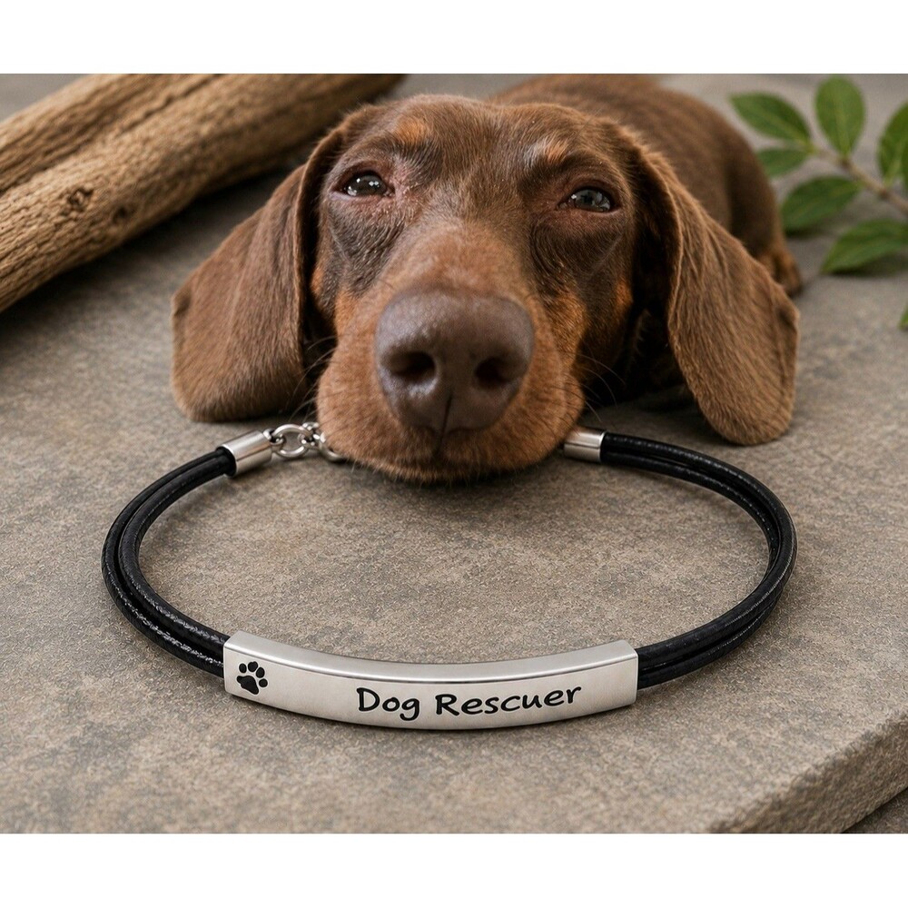 Pet Rescue Bracelet "Dog Rescuer" Black Leather Cord Stainless Steel Paw Print